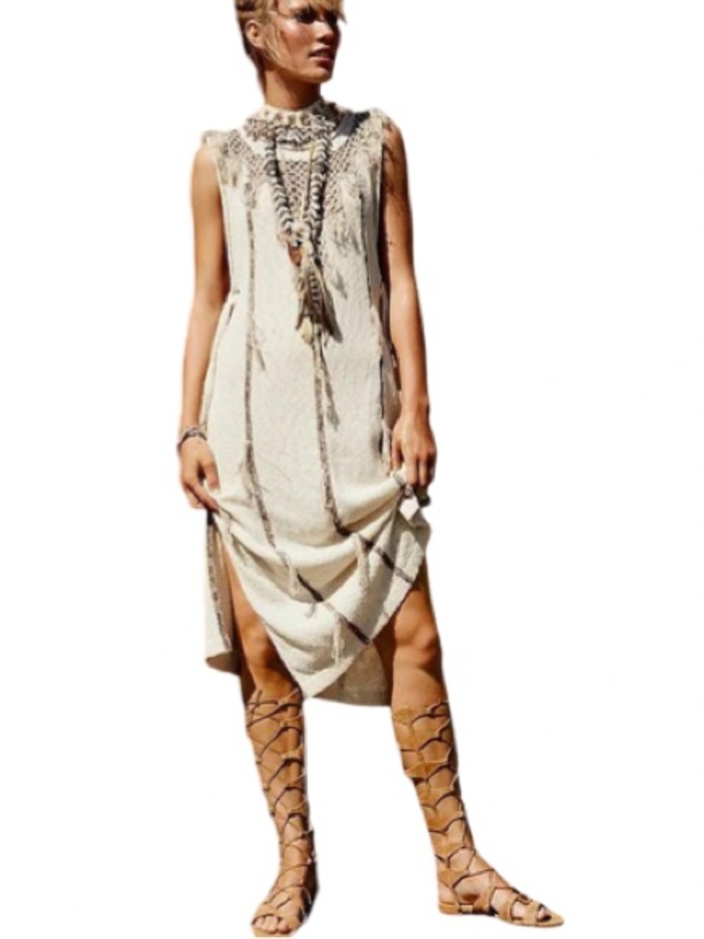 🥥🧱 Free People Tiger Lily Cream Open-Knit Asymmetrical Maxi-Top Coverup Dress 🧱🥥